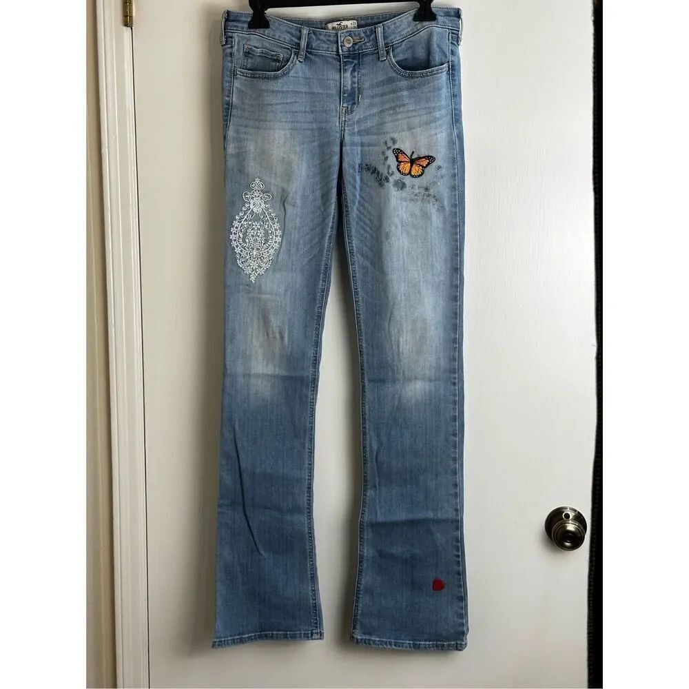 Hollister size 7L butterfly boot cut jeans distressed